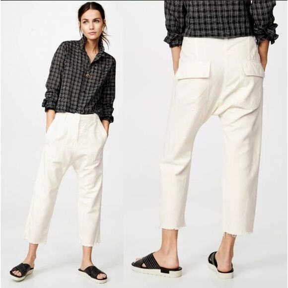 Nili Lotan 8 Slouchy LINEN Luna Pants Drop Crotch Cropped Cotton Eggshell White - Picture 1 of 9